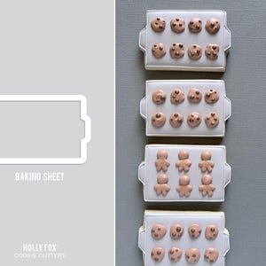 Op de afbeelding: Vier trays met versierde koekjes, die elk op een bakplaat lijken. De koekjes zijn in verschillende bruin- en beigetinten, waarvan sommige lijken op chocolate chip cookies en andere op peperkoeken mannetjes. De tekst "BAKING SHEET" is zichtbaar.