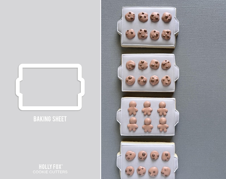May include: Four trays of decorated cookies, each resembling a baking sheet. The cookies are various shades of brown and tan, with some resembling chocolate chip cookies and others gingerbread people. The text "BAKING SHEET" is visible.