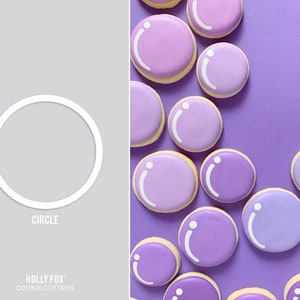 May include: Purple and white circle cookie cutters. The cookie cutters are arranged on a purple background. The text "HOLLY FOX" and "COOKIE CUTTERS" is visible below the cookie cutters.