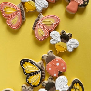 Pode incluir: Uma cole&ccedil;&atilde;o de biscoitos de a&ccedil;&uacute;car coloridos decorados com v&aacute;rios desenhos tem&aacute;ticos da natureza, incluindo borboletas, joaninhas, abelhas e cogumelos. Os biscoitos est&atilde;o dispostos em um fundo amarelo.