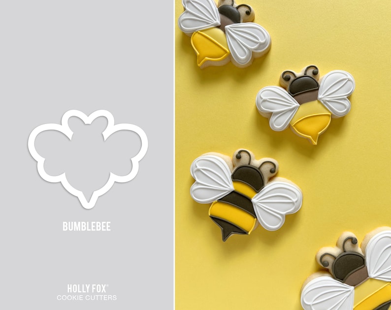 Pode incluir: Um conjunto de quatro cortadores de biscoitos em forma de abelhas. Os cortadores s&atilde;o feitos de pl&aacute;stico branco e s&atilde;o mostrados contra um fundo cinza. A palavra "Bumblebee" &eacute; impressa abaixo dos cortadores. As palavras "Holly Fox" e "Cookie Cutters" s&atilde;o impressas abaixo da palavra "Bumblebee".