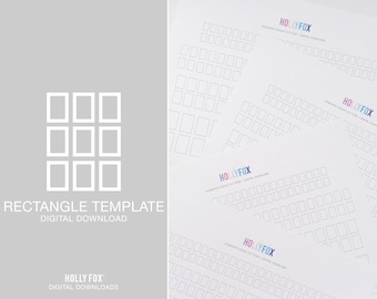 Può includere: Un modello di taglia biscotti rettangolare scaricabile digitalmente. Il modello presenta una griglia di nove rettangoli, con il testo "HOLLY FOX" e "RECTANGLE TEMPLATE" nell'immagine.