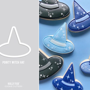 May include: A set of five cookie cutters shaped like witch hats. The cutters are made of metal and have a shiny silver finish. The cutters are arranged on a blue background. The cutters are all different sizes and shapes, with some having a pointed tip and others having a rounded tip. The cutters are all decorated with stars and other designs.