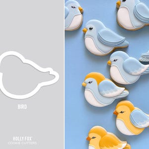 May include: A collection of bird-shaped cookies with light blue, yellow, and white icing. The cookies have detailed wings and beaks. A white outline of a bird cookie cutter is also shown, with the word "BIRD" below it.
