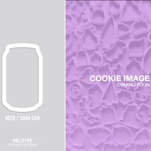 May include: A white outline of a beer or soda can cookie cutter. The image is on a light gray background. The text "Beer / Soda Can" is below the image. The text "Holly Fox" and "Cookie Cutters" is below the text "Beer / Soda Can". The background of the image is a purple background with many different cookie cutter shapes.
