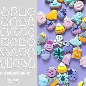 May include: A set of 31 Halloween-themed cookie cutters, including a ghost, witch's hat, spider, and more. The cutters are arranged in rows on a white background. The text "31 Days of Halloween Mini Set" and "Holly Fox Cookie Cutters" is printed below the cutters.