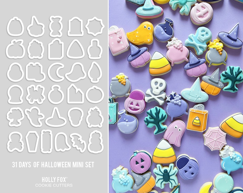 May include: A set of 31 Halloween-themed cookie cutters, including a ghost, witch's hat, spider, and more. The cutters are arranged in rows on a white background. The text "31 Days of Halloween Mini Set" and "Holly Fox Cookie Cutters" is printed below the cutters.