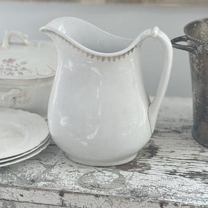 Vintage WHITE IRONSTONE PITCHER With Gold Detail Design on Rim • Creamy White •  English Farmhouse Cottage Pitcher • Gorgeous!