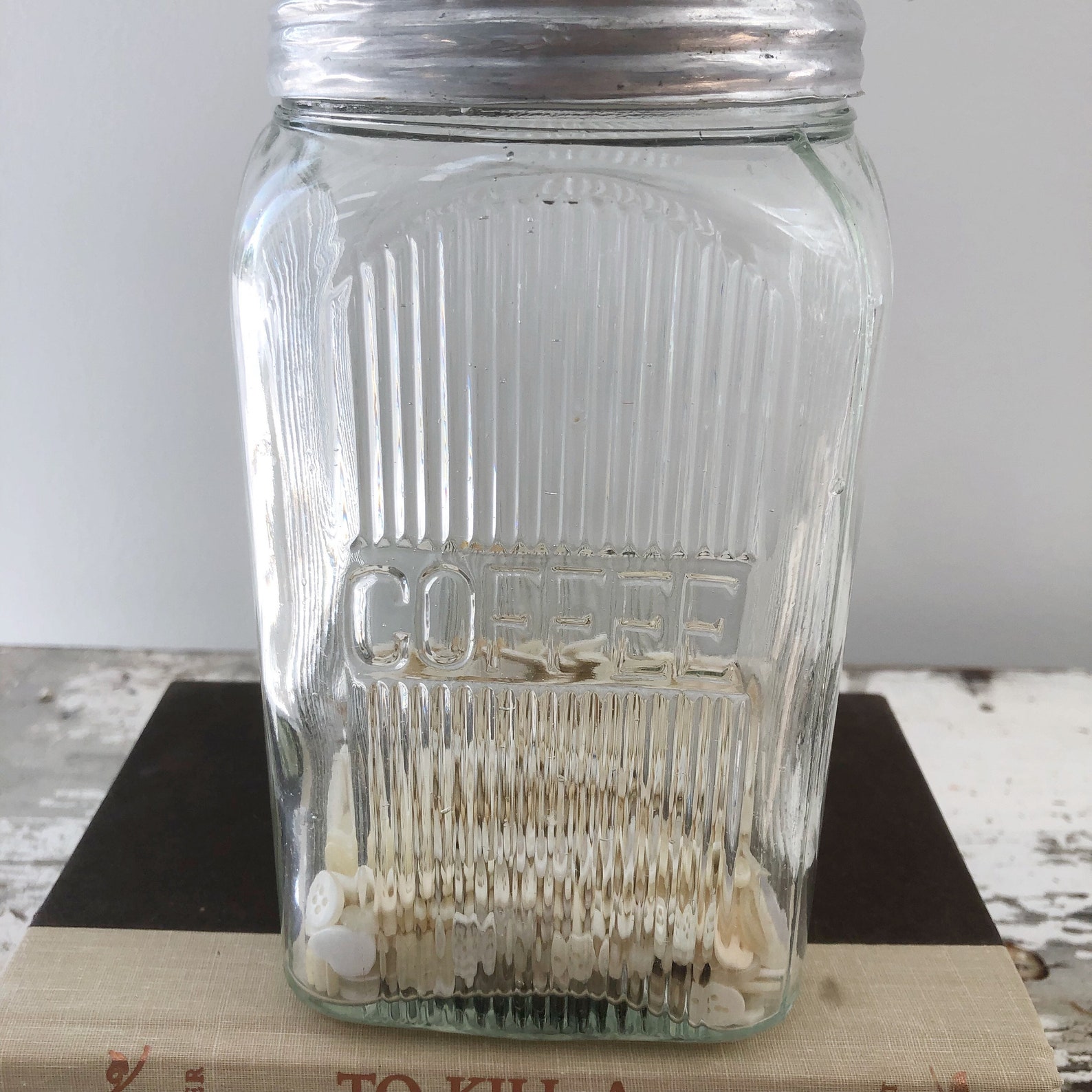 Vintage GLASS COFFEE JAR Metal Lid Heavy Ribbed Glass With Etsy