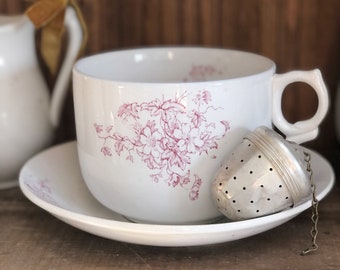 HUGE TRANSFERWARE TEACUP Tea Cup + Saucer + Tea Leaf Strainer • Both Vintage Pink Floral Transferware • Beautiful Set, Made in England!