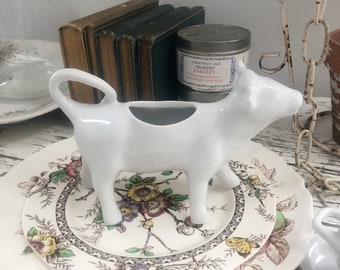 Vintage FRENCH COW CREAMER or Small Pitcher • Sweet White Farmhouse or Cottage Creamer • Made in France • Like New