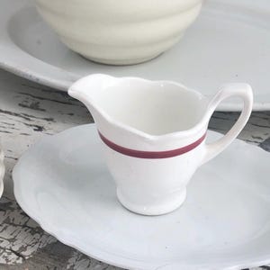 Darling VINTAGE IRONSTONE CREAMER or Small Pitcher W/ Red Stripe • Sweet White Farmhouse or Cottage Creamer • Dinerware Diner Ware Creamer
