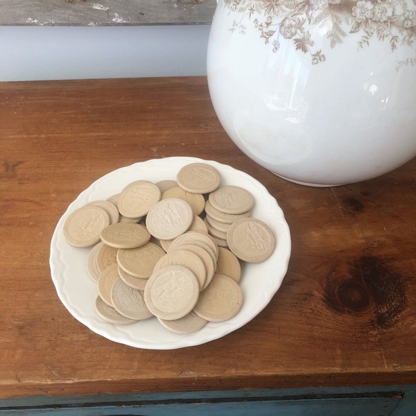 Vintage NEUTRAL POKER CHIPS • 54 Pieces • Fun Lot for Decor or Play or Crafts • Animals Playing Cards on Chips • Wooden Tokens !