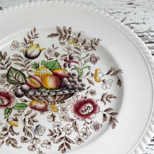 JOHNSON BROS. “POMONA” Pattern • Vintage English Transferware Plate • Brown + Colorful Mid-Century 10” Dinner Plate W/ Scalloped Edge