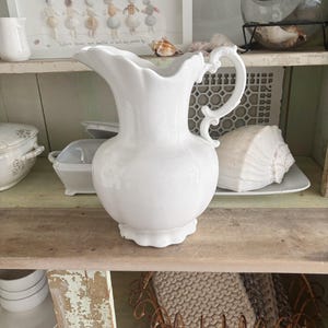 VINTAGE IRONSTONE PITCHER • Large & Curvy Feminine White Pitcher • Homer Laughlin  • Farmhouse Cottage Pitcher!