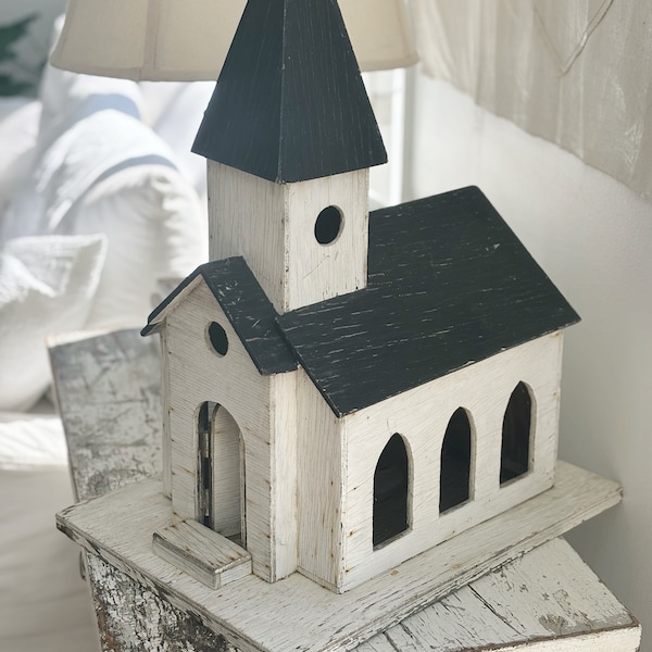 Vintage LARGE BIRD FEEDER • Bird House Church Steeple • Handmade Distressed • Cottage Core Birdhouse