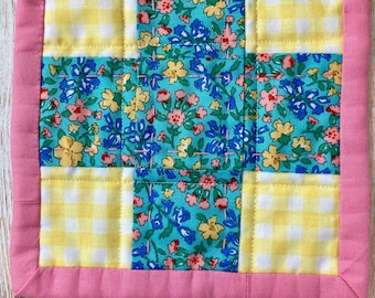 Liberty Patchwork Handmade Mug Rug/Oversized Coaster - Hand Quilted- Floral and Gingham