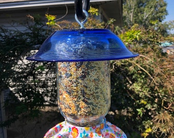 Hanging Mason Jar Bird Feeder: Blue Glass Top, Floral Base