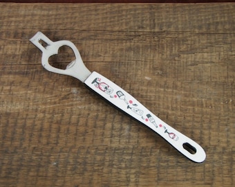 Vintage Mid Century Bottle Opener Can Punch Combination Bartender Tool w/ Bar Themed Graphics - Made In Japan - FREE SHIPPING