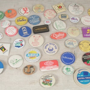 Lot of 45 Vintage Mixed Canadian 1980s Pinback Buttons Travel Advertising Charity Humour - FREE SHIPPING