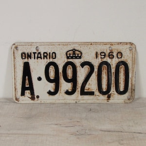 Vintage 1960 Ontario License Plate A 99200 Black White Canadian - FREE SHIPPING