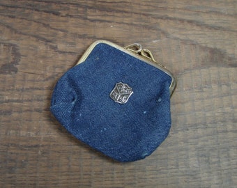 Vintage Demin Clamshell Coin Change Purse  - Dark Blue Brass Coat of Arms - FREE SHIPPING