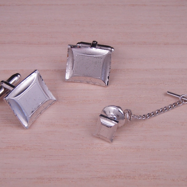 Set of Vintage Sterling Silver Rectangular Anson Cufflinks w/ Matching Tie Pin - 925