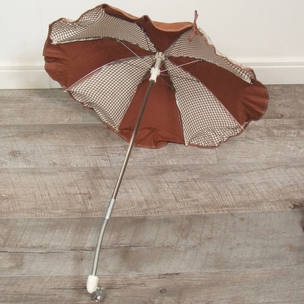 Vintage 22" Brevettato Tic Tac Baby Pram Stroller Umbrella Brown White Clamp On - FREE SHIPPING