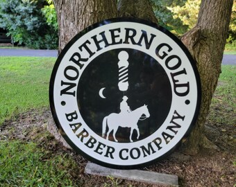 Barber Shop Signs, Round Metal Business Sign, Personalized Sign, Outdoor Signs, Aluminum Sign, Farm Sign, Metal Logo Sign, Highway Sign