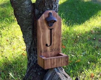 Personalized Beer Bottle Opener, Groomsmen Gift,  Rustic Engraved Wood, Beer, Bottle Opener, Cap Catcher, Wedding, Gift Ideas, Mancave