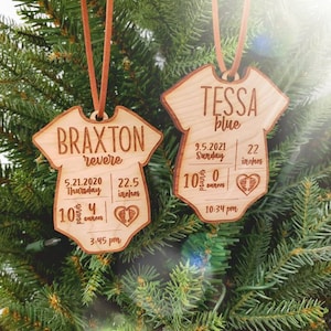 Wood Ornament, Personalized Baby Birth Stat Ornaments, Baby's First Christmas, Baby Shower, Birth Stat Ornament, Baby Onesie Ornament