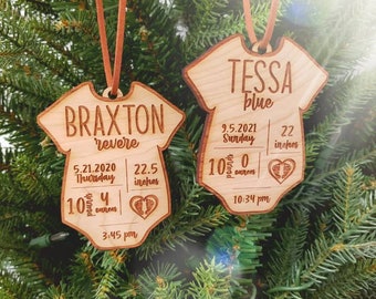 Wood Ornament, Personalized Baby Birth Stat Ornaments, Baby's First Christmas, Baby Shower, Birth Stat Ornament, Baby Onesie Ornament