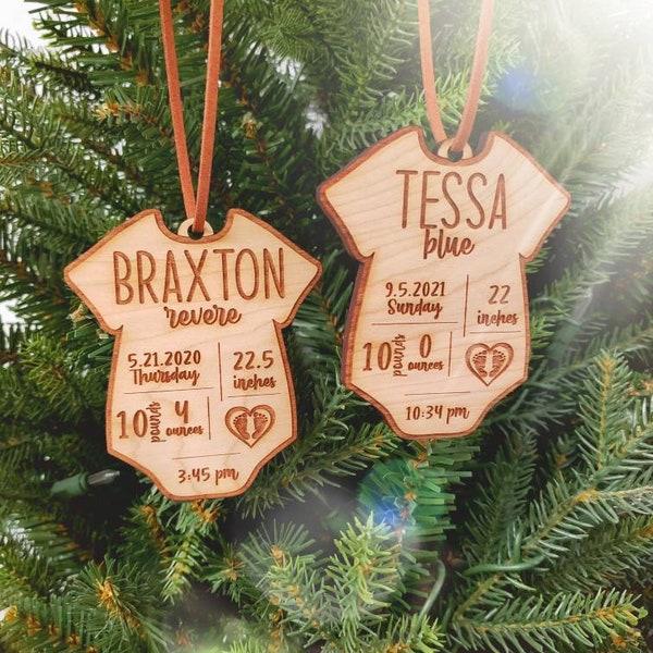 Wood Ornament, Personalized Baby Birth Stat Ornaments, Baby's First Christmas, Baby Shower, Birth Stat Ornament, Baby Onesie Ornament