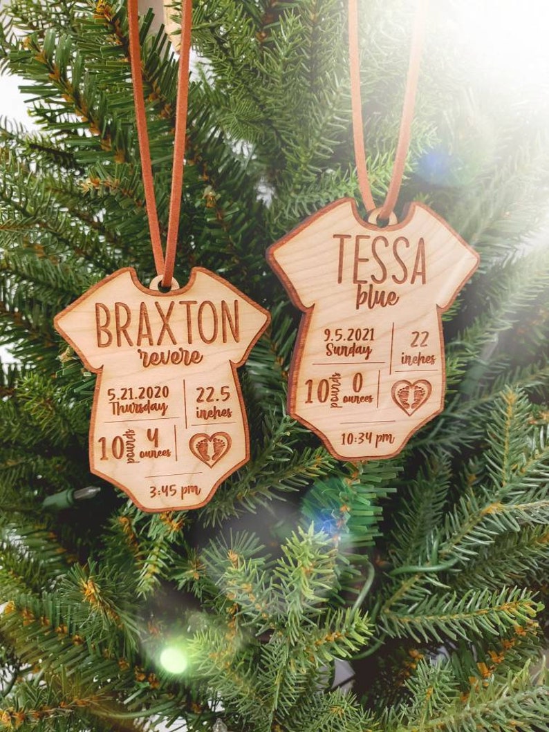 Wood Ornament, Personalized Baby Birth Stat Ornaments, Baby's First Christmas, Baby Shower, Birth Stat Ornament, Baby Onesie Ornament