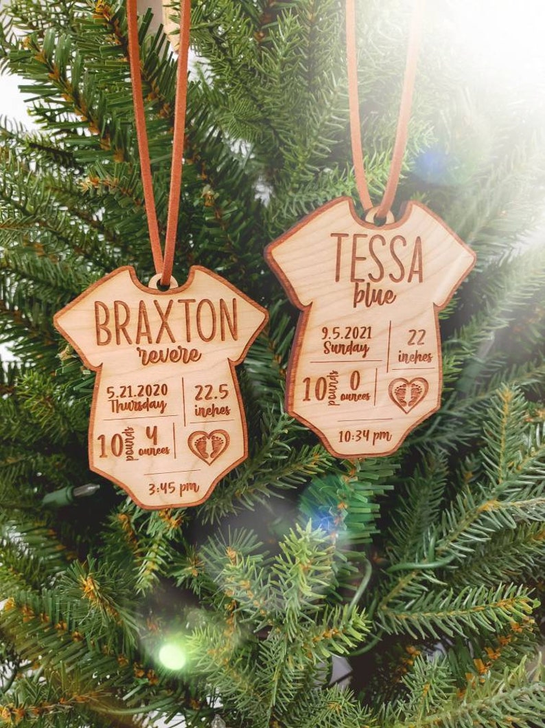 Wood Ornament, Personalized Baby Birth Stat Ornaments, Baby's First Christmas, Baby Shower, Birth Stat Ornament, Baby Onesie Ornament 