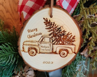 Tree Farm Ornament, Wood Slice, Live Edge Wood Ornament, Rustic Ornament, Rustic Christmas, Personalized Christmas Ornament, Red Truck Xmas