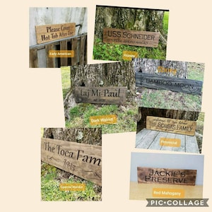 May include: A collage of nine wooden signs with various text and wood types. The signs are displayed against a background of trees and grass. The signs feature text such as "Please Cover Hot Tub After Use", "USS Schneider Full Speed Ahead", "taj Mi-Paul est 2020", "Bamboo Moon", "The Gorgas Family", "The Toca Fam", and "Jackie's Preserve".