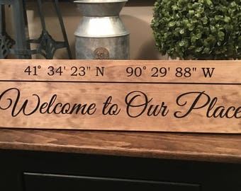 Coordinate Sign, GPS Sign, Latitude Sign, Name Sign, Custom Engraved Sign, Longitude Sign, Welcome To Our Place, Personalized Gift