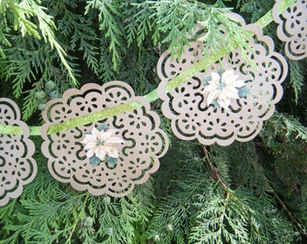 Bunting "Sweet Pea" Heavy Craft Paper Doilies Banner with Green Glitter Ribbon and Paper Flower Embellishments 64" Cottagecore