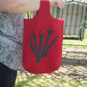Shopping Spree ~ Red Felt Flower Applique Marketing Bag Reusable Shopping Bag Boho Cottagecore