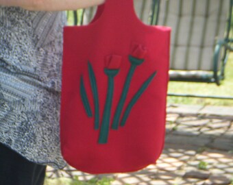 Shopping Spree ~ Red Felt Flower Applique Marketing Bag Reusable Shopping Bag Boho Cottagecore