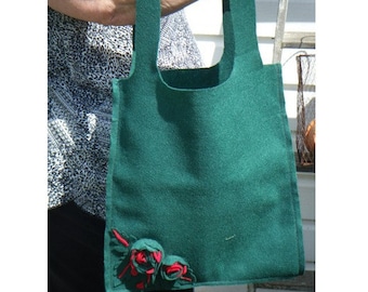 Let's Go Green ~ Dark Green Felt Flower Applique Marketing Bag Reusable Shopping Bag Cottagecore