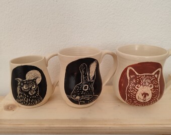 Handmade Animal Mugs | Sgrafitto Mug | Bear Mug | Rabbit Mug | owl mug