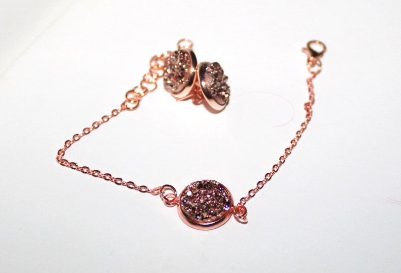 EXPRESS SHIPPING Rose Gold Plated Druzy Bracelet /& Stud Earrings Jewelry 12 mm Bridesmaid set of 3 6 8 7 10 Gift for her 4 9 5