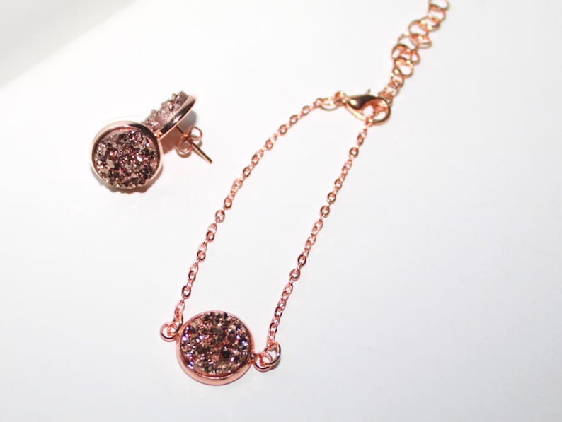 EXPRESS SHIPPING Rose Gold Plated Druzy Bracelet /& Stud Earrings Jewelry 12 mm Bridesmaid set of 3 6 8 7 10 Gift for her 4 9 5