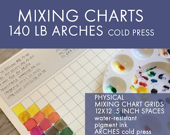 May include: A close-up of a watercolor mixing chart grid on 140 lb Arches cold press paper. The grid is 12x12 with 0.5 inch spaces. The chart is labeled with the names of watercolor pigments and their corresponding pigment numbers. A white plastic palette with watercolor paint is visible in the background.