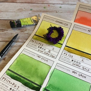 May include: Watercolor paint swatches with a brush and a tube of paint. The swatches are labeled with color names and manufacturer information. A dried purple flower rests on one of the swatches. The paint colors range from yellow to green.
