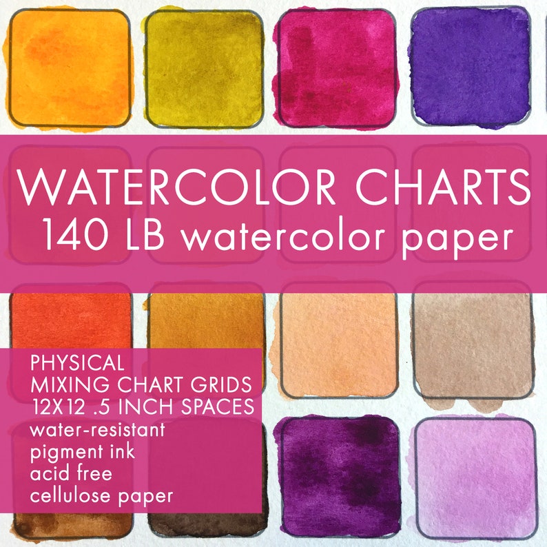 May include: Watercolor charts made with 140 lb watercolor paper. The charts have 12x12 grids with 0.5 inch spaces. The paper is water-resistant, acid-free, and made from cellulose. The chart is painted with pigment ink in shades of orange, yellow, red, purple, brown, and pink.