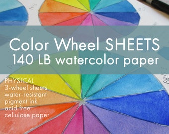 COLOR WHEEL CHART:  140 lb watercolor paper color wheel - paintable no-smear printed