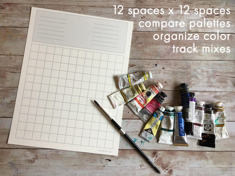 May include: A white gridded paper with 12 spaces by 12 spaces, a paintbrush, and a collection of paint tubes. The text on the paper reads "12 spaces x 12 spaces compare palettes organize color track mixes".